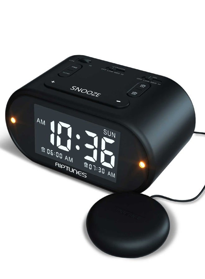 Riptunes Loud Alarm Clock with Bed Shaker for Heavy Sleepers for Bedroom, Dual Alarm w/Weekday & Weekend Settings, Full Range Dimmer 0-100%, USB Charging Port, Snooze Button, Easy Set UP Black - Image 1