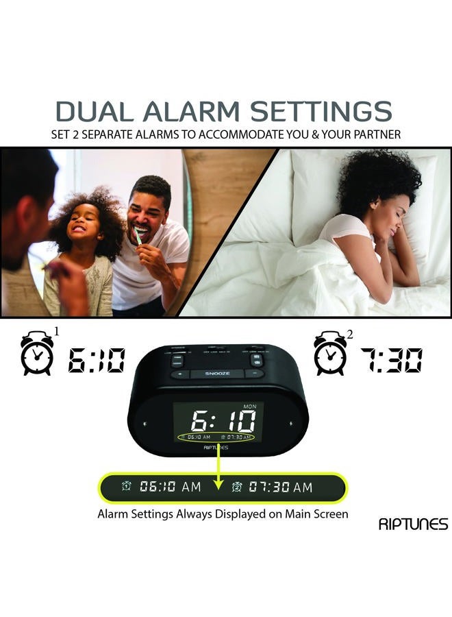 Riptunes Loud Alarm Clock with Bed Shaker for Heavy Sleepers for Bedroom, Dual Alarm w/Weekday & Weekend Settings, Full Range Dimmer 0-100%, USB Charging Port, Snooze Button, Easy Set UP Black - Image 2