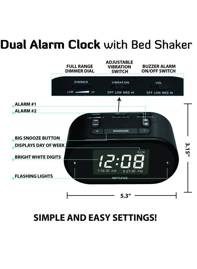 Riptunes Loud Alarm Clock with Bed Shaker for Heavy Sleepers for Bedroom, Dual Alarm w/Weekday & Weekend Settings, Full Range Dimmer 0-100%, USB Charging Port, Snooze Button, Easy Set UP Black - Image 5