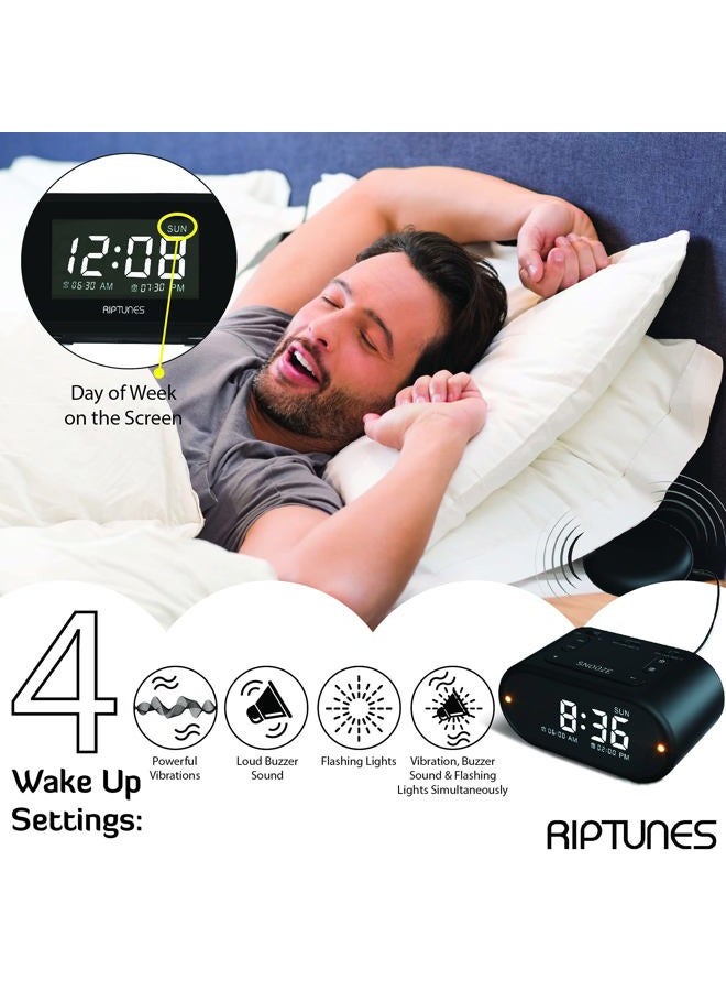 Riptunes Loud Alarm Clock with Bed Shaker for Heavy Sleepers for Bedroom, Dual Alarm w/Weekday & Weekend Settings, Full Range Dimmer 0-100%, USB Charging Port, Snooze Button, Easy Set UP Black - Image 3