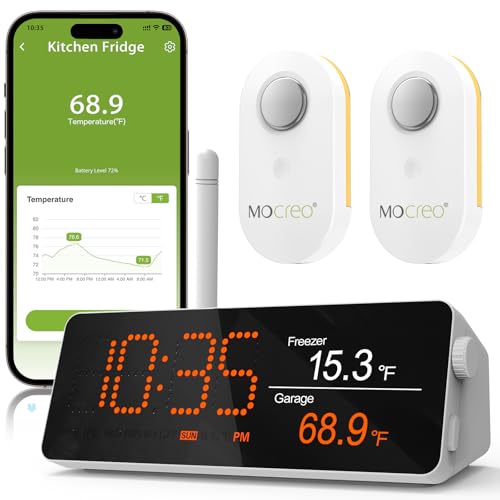 MOCREO WiFi Remote Thermometer Freezer Alarm 13 Mile Long Range IP66 Waterproof App Email Alert with Digital Monitor Hub 2 Smart Wireless Temperature Sensors for Fridge RV Greenhouse - Image 1