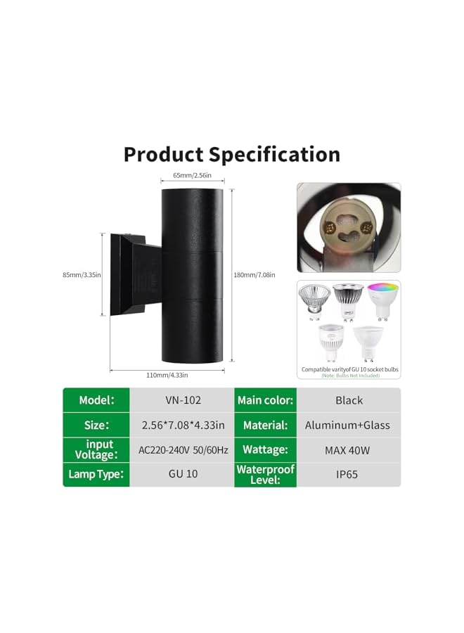 V.nice Outdoor Wall Light GU10 Up Down Light – IP65 Waterproof Exterior Sconce Lamp, 2 Sizes & 2 Colors, Aluminum Modern Wall Lamp for Porch, Patio, Doorway, Garden - Image 2