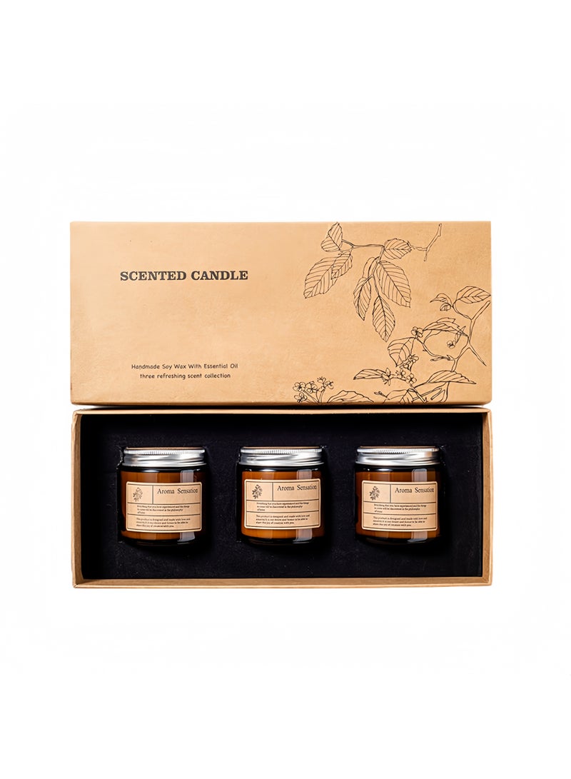 مجموعة هدايا من الشموع المعطرة، 3 شموع في مرطبانات كهرمانية، وزن كل منها 100 غرام، مع مدة احتراق تصل إلى 20 ساعة، برائحة الكمثرى الإنجليزية والفريزيا، والجرس الأزرق، وخشب الصندل الوردي، وشمع الصويا، وزيوت عطرية، لتعطير المنزل والهدايا. - Image 1