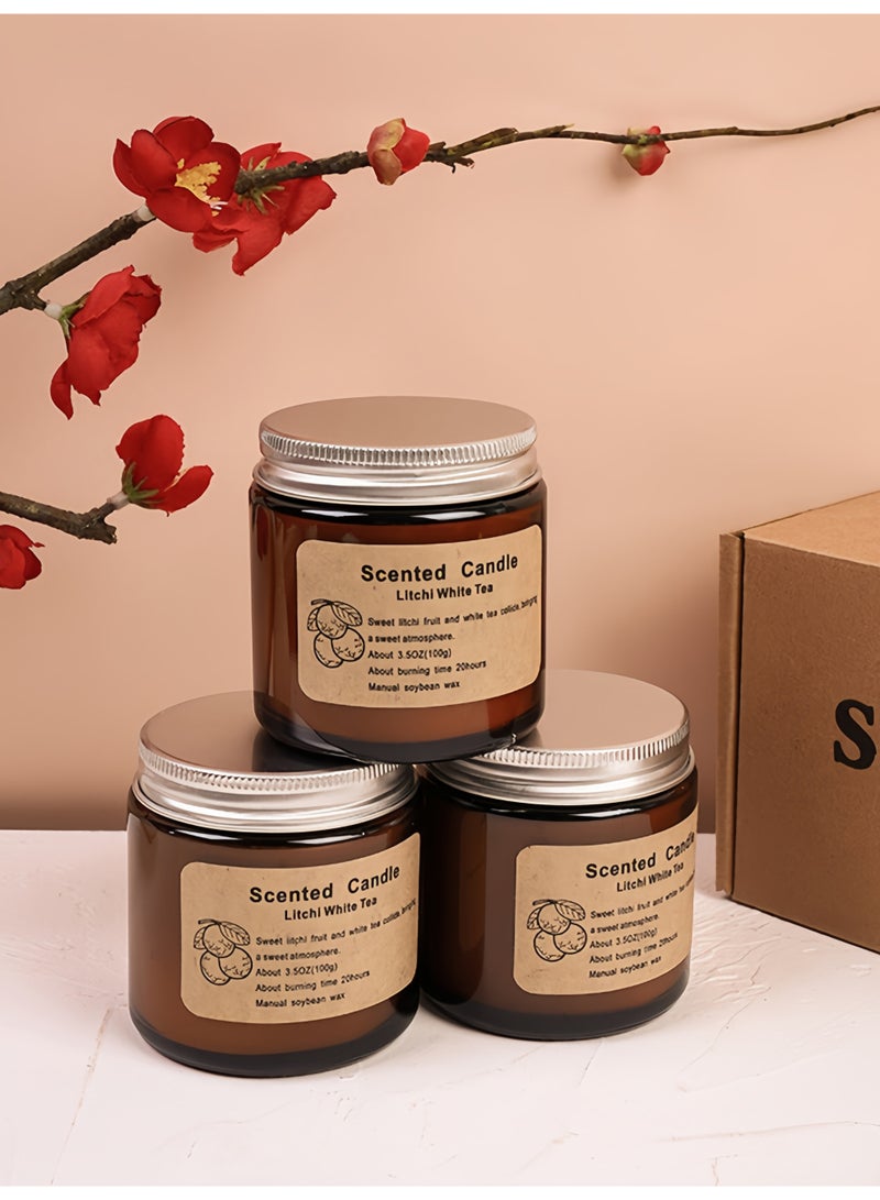 مجموعة هدايا من الشموع المعطرة، 3 شموع في مرطبانات كهرمانية، وزن كل منها 100 غرام، مع مدة احتراق تصل إلى 20 ساعة، برائحة الكمثرى الإنجليزية والفريزيا، والجرس الأزرق، وخشب الصندل الوردي، وشمع الصويا، وزيوت عطرية، لتعطير المنزل والهدايا. - Image 2