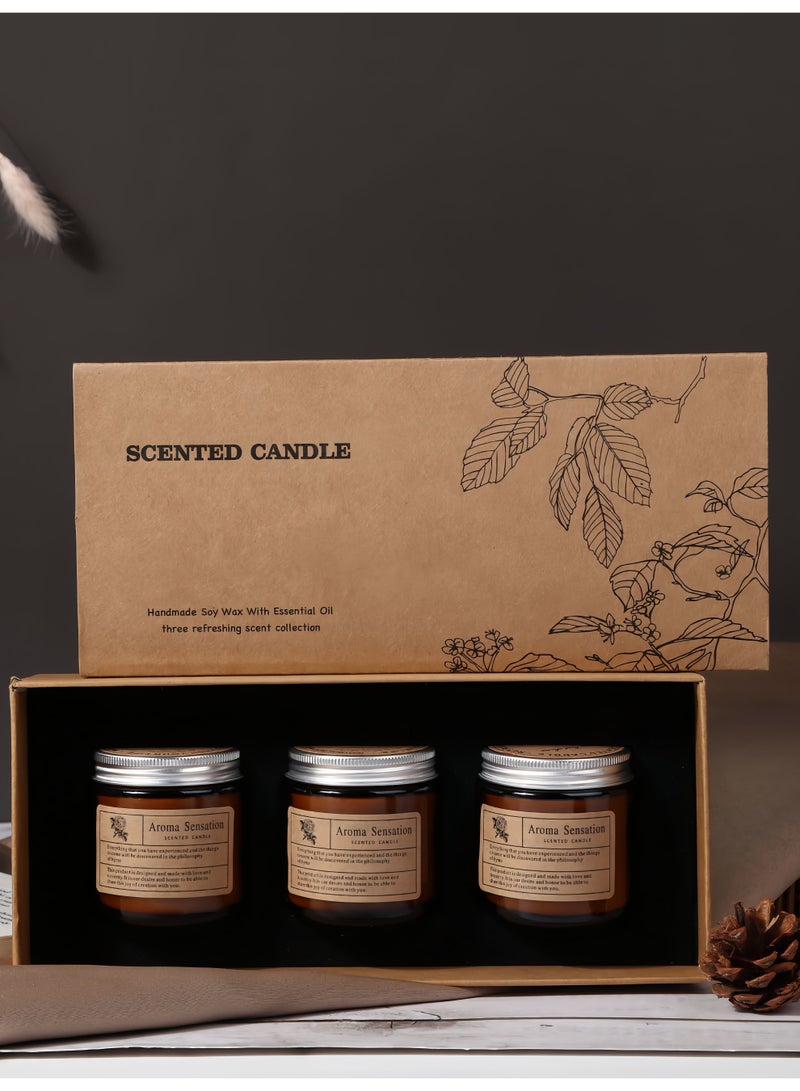 مجموعة هدايا من الشموع المعطرة، 3 شموع في مرطبانات كهرمانية، وزن كل منها 100 غرام، مع مدة احتراق تصل إلى 20 ساعة، برائحة الكمثرى الإنجليزية والفريزيا، والجرس الأزرق، وخشب الصندل الوردي، وشمع الصويا، وزيوت عطرية، لتعطير المنزل والهدايا. - Image 3