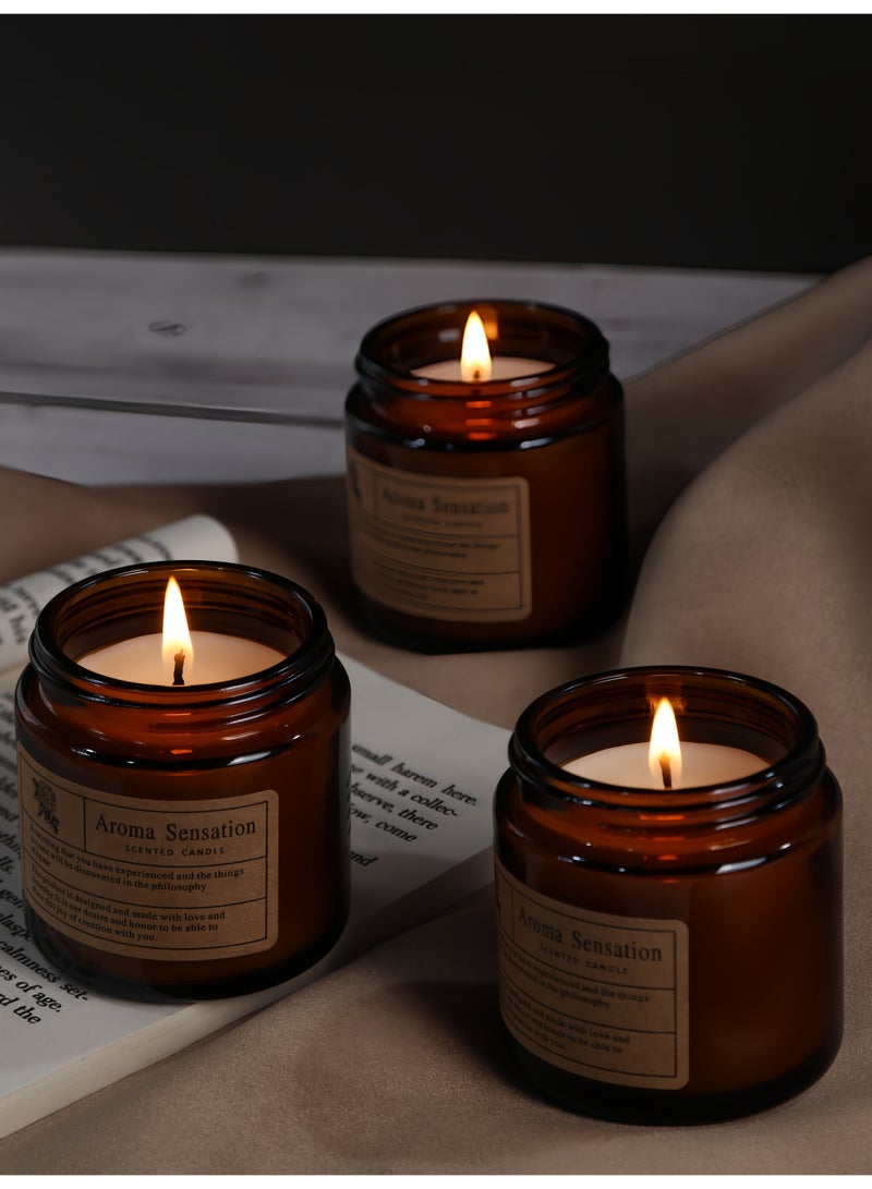 مجموعة هدايا من الشموع المعطرة، 3 شموع في مرطبانات كهرمانية، وزن كل منها 100 غرام، مع مدة احتراق تصل إلى 20 ساعة، برائحة الكمثرى الإنجليزية والفريزيا، والجرس الأزرق، وخشب الصندل الوردي، وشمع الصويا، وزيوت عطرية، لتعطير المنزل والهدايا. - Image 4