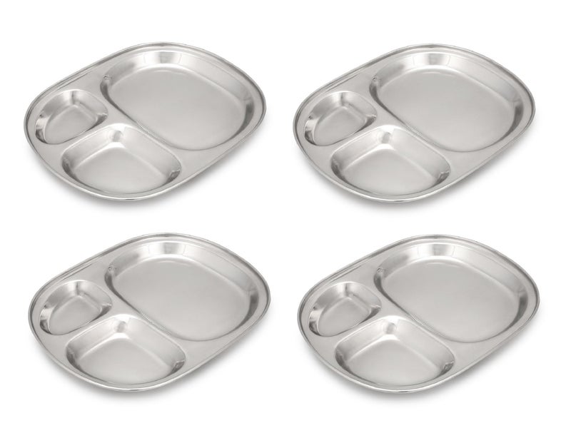 Dynore Stainless Steel 3 in 1 Three Compartment Nasta/Dinner Plate- Set of 4 Large - Image 1
