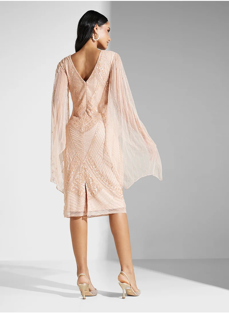 Amelia Rose Flared Sleeve Embellished Dress