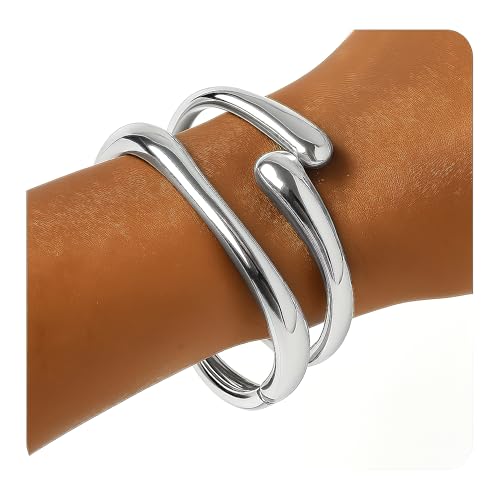 PEALICIOUS سوار فضي سميك 2 قطعة من PEALICIOUS، أساور فضية سميكة للنساء، مجموعة أساور كوف قابلة للتعديل لحفلات السهرات - Image 1