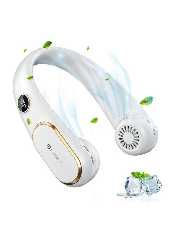 Portronics Gobreeze Portable Rechargeable Neck Fan, Upto 6 Hours Playtime, LED Display, Bladeless Fan, 4 Speed Mode, Adjustable Size, 360° Cooling Neck Fan, Noiseless Fan, Type C Fast Charging(White) - Image 1