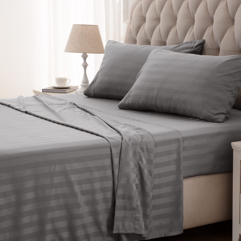 SLEEP ZONE Striped Cooling Queen Sheets Set  Fitted Flat Sheet  Pillowcase Sets 4 Piece  Super Soft Stripe Bed Sheet Easy Care Deep Pocket Gull Grey Queen