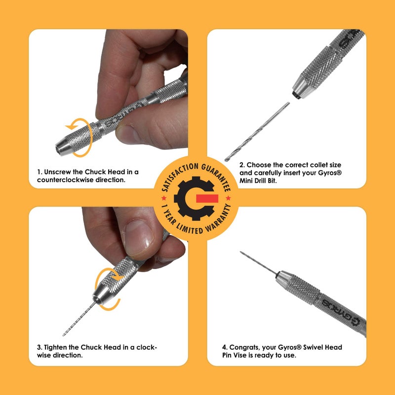 GYROS Swivel Head Pin Vise Hand Drill, 0"(0mm) to 1/8"(3.175mm) w/Anti-Slip Nickel Plated Steel Body & 2 Reversible Collets, Small Hand Drill for Precision Drilling of Jewelry, Plastic, & Wood - Image 4