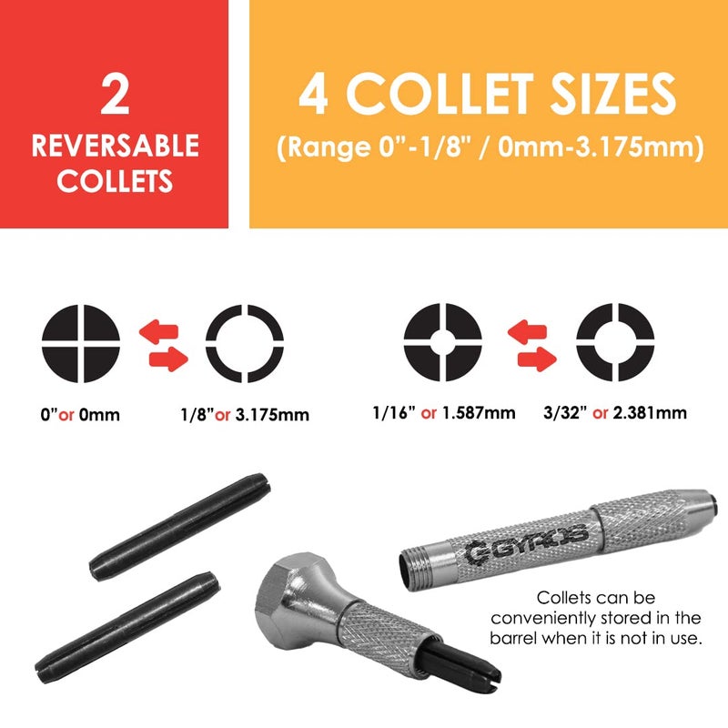 GYROS Swivel Head Pin Vise Hand Drill, 0"(0mm) to 1/8"(3.175mm) w/Anti-Slip Nickel Plated Steel Body & 2 Reversible Collets, Small Hand Drill for Precision Drilling of Jewelry, Plastic, & Wood - Image 3