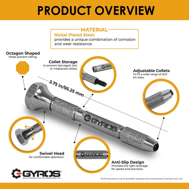 GYROS Swivel Head Pin Vise Hand Drill, 0"(0mm) to 1/8"(3.175mm) w/Anti-Slip Nickel Plated Steel Body & 2 Reversible Collets, Small Hand Drill for Precision Drilling of Jewelry, Plastic, & Wood - Image 2