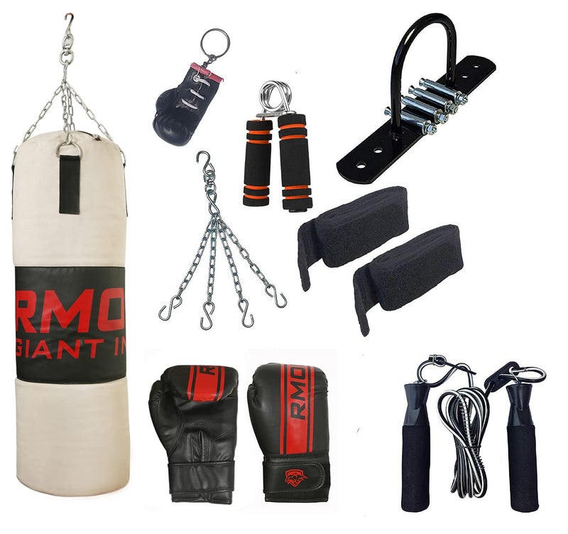 IWIN RMOUR 9 Piece Combo Unfilled Heavy Canvas Punch Bag, Punching Bag with Hanging Chain, Boxing Gloves, Ceiling Hook, Hand Wraps, Skipping Rope, Boxing Chain Keyring & Hand Gripper (Size 3 Ft) - Image 1