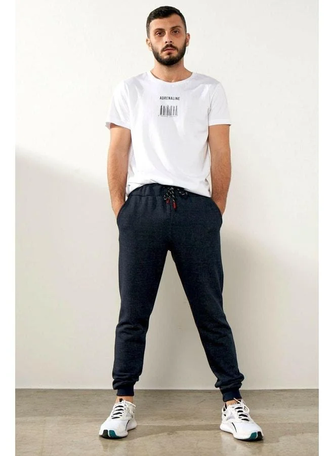 Men's Navy Blue Lined Slim Fit Cuffed Elastic Jogger Sweatpants.