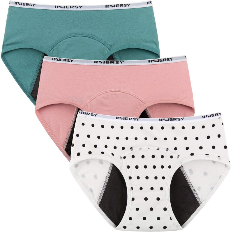 INNERSY Big Girls' Period Panties Menstrual Underwear for First Period Starter 3-Pack(Refreshing Blue Pink Polka Dots,M(10-12 yrs)) - Image 1