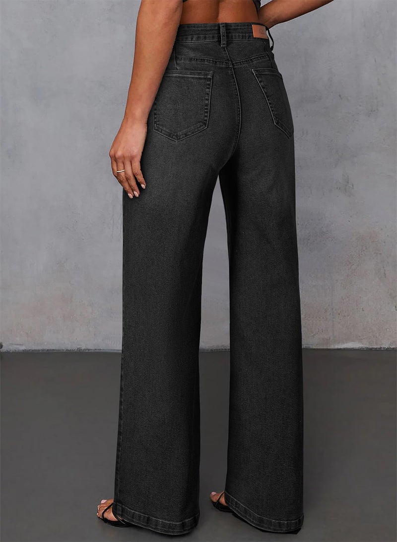 Sidefeel Women's High Waisted Jeans Stretchy Straight Leg Front Seam Denim Pants Size 10 Black - Image 2