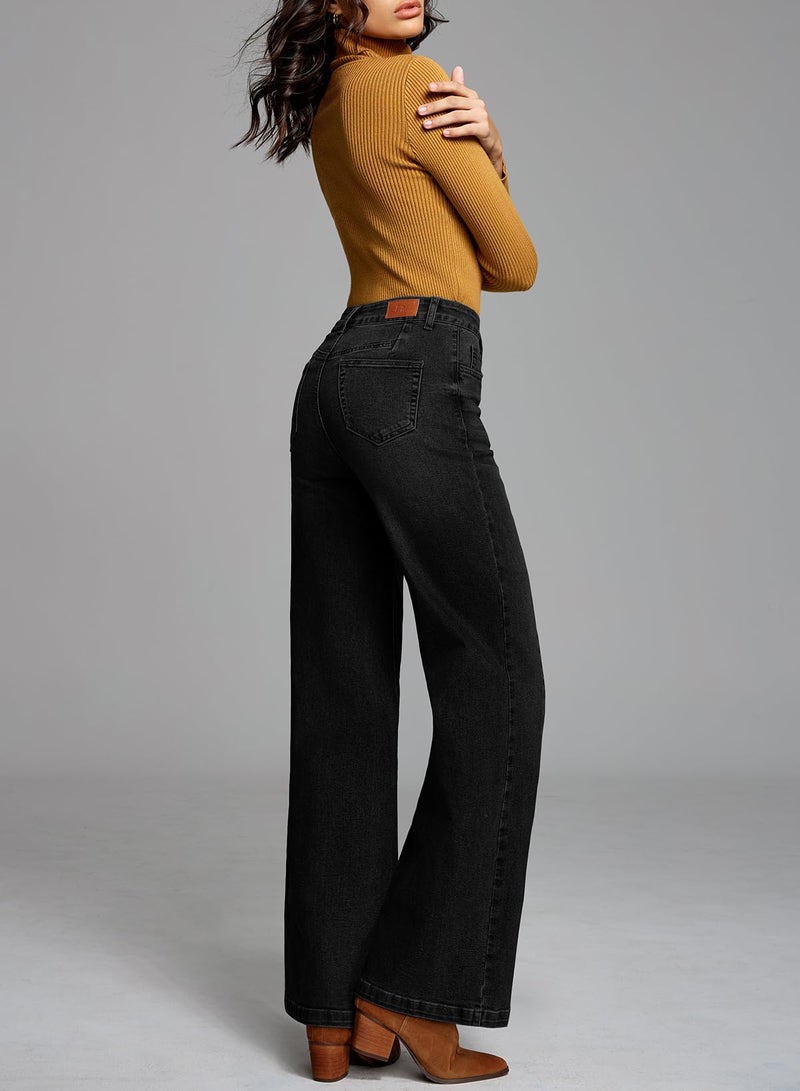 Sidefeel Women's High Waisted Jeans Stretchy Straight Leg Front Seam Denim Pants Size 10 Black - Image 5