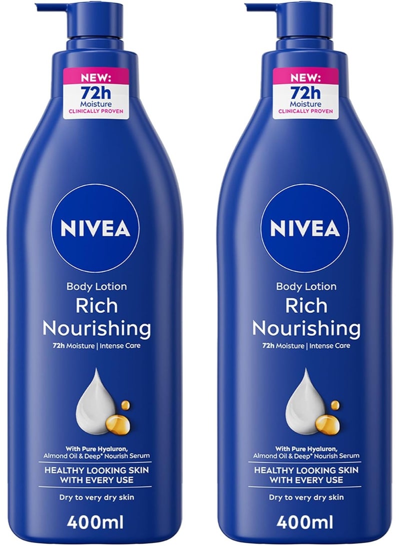 NIVEA Body Lotion for Dry to Very Dry Skin, Rich Nourishing with 100% Pure Hyaluron, 72H Intense Moisture, 2x400ml