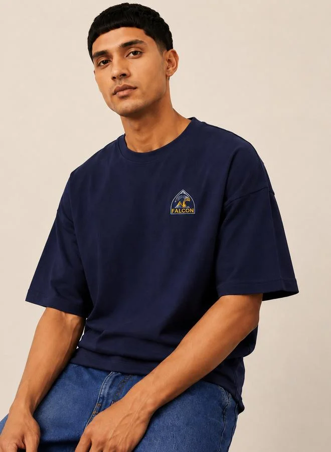 Take Two Navy Blue Dropped Shoulder Relaxed Fit T-Shirt By Falcon