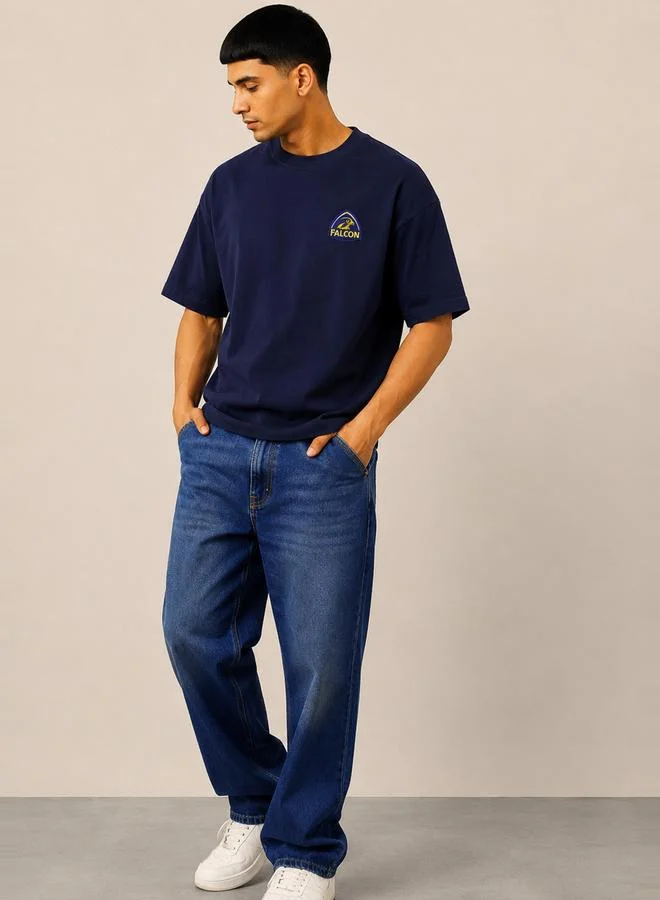 Take Two Navy Blue Dropped Shoulder Relaxed Fit T-Shirt By Falcon