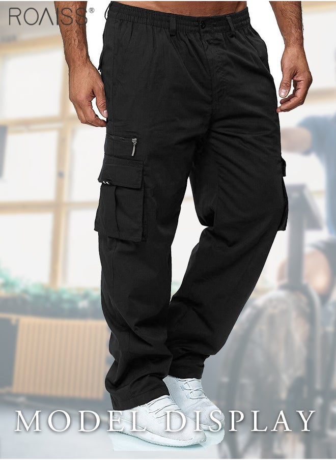 Men's Cargo Pants Casual Multi Pocket Elastic Waist Pants Loose Fit Sports Outdoor Trousers