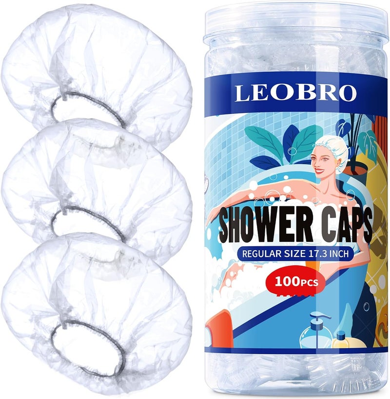 LEOBRO Disposable Shower Caps, 100 Pcs Larger Thicker Clear Plastic Shower Caps Elastic Bath Cap for Women Spa, Home Use, Hair Salon, Hotel, Portable Travel - Image 1