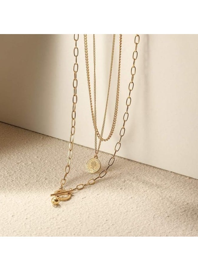 Julia Store Stainless Steel Gold Coin Necklace for Women Vintage Carved Coin Pendant Necklace 14K Gold Plated Chain Choker Queen Elizabeth Round Pendant Gold Layered Necklace for Women By Julia Store  - Image 1