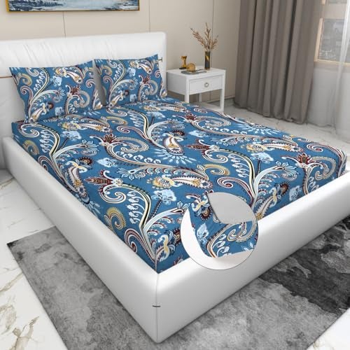 RD TREND Presents Luxurious Glace Cotton Super Soft 210 TC 360° Elastic Fitted Bedsheets for King Size (78X72X8 Inch) with 2 Pillow Covers, Color- Blue&Grey,Pattern-Geometric - Image 1