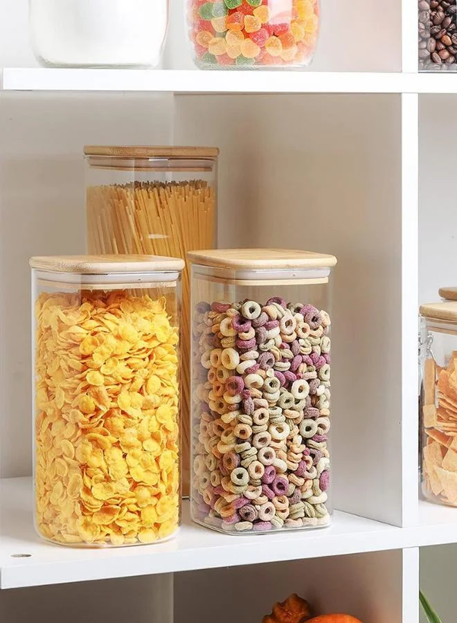 QUESERA Quesera Airtight Glass Storage Canister with Wood Lid (1500ml), Clear Food Storage Container Jar with Sealing Bamboo Lid for Noodles Flour Cereal Rice Sugar Tea Coffee Beans, Set of 3