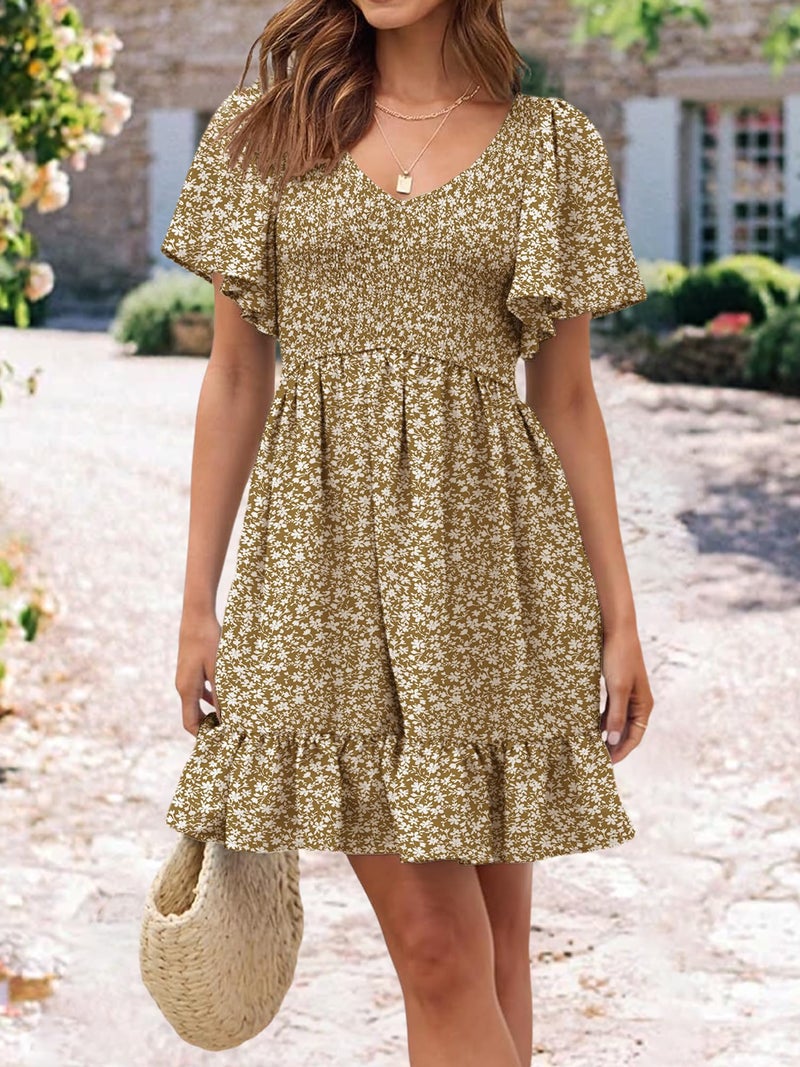UEAL Casual Dresses for Women Summer Floral Smocked V Neck Sundresses for Women 2026 X-Large Khaki Floral A - Image 2