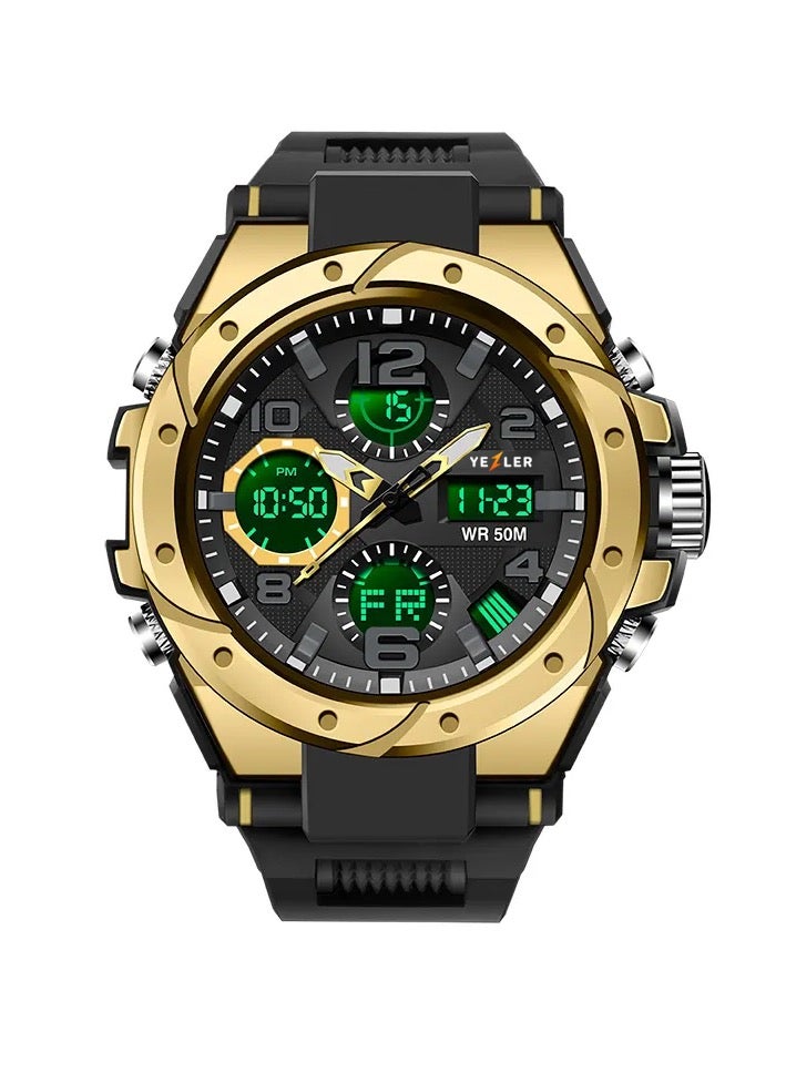 يزلر ساعة Yezler الرياضية التكتيكية للرجال – ساعة رقمية عسكرية باللون الذهبي، مقاومة للماء مع توقيت مزدوج، شاشة مضيئة، موقت، متينة للبقاء في الهواء الطلق ومنبه إلكتروني - Image 1