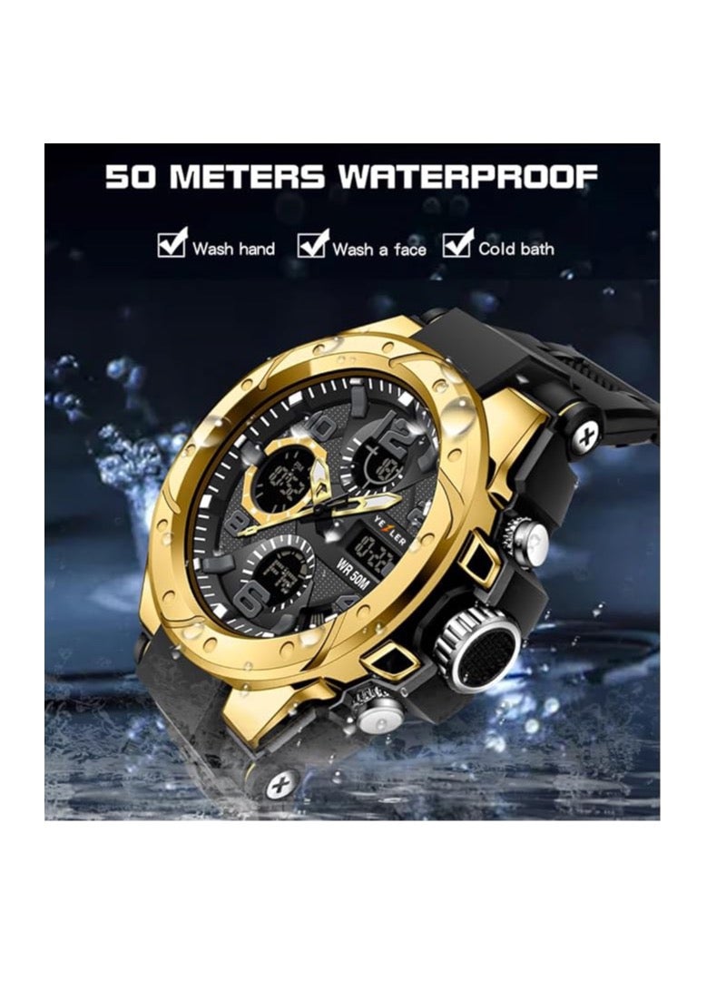 يزلر ساعة Yezler الرياضية التكتيكية للرجال – ساعة رقمية عسكرية باللون الذهبي، مقاومة للماء مع توقيت مزدوج، شاشة مضيئة، موقت، متينة للبقاء في الهواء الطلق ومنبه إلكتروني - Image 3