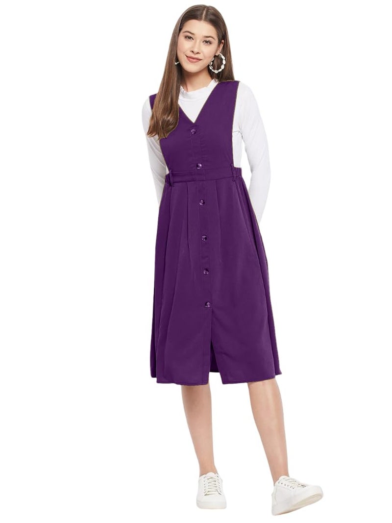 WineRed Women Purple Solid Pinafore Dress with Button - Image 1