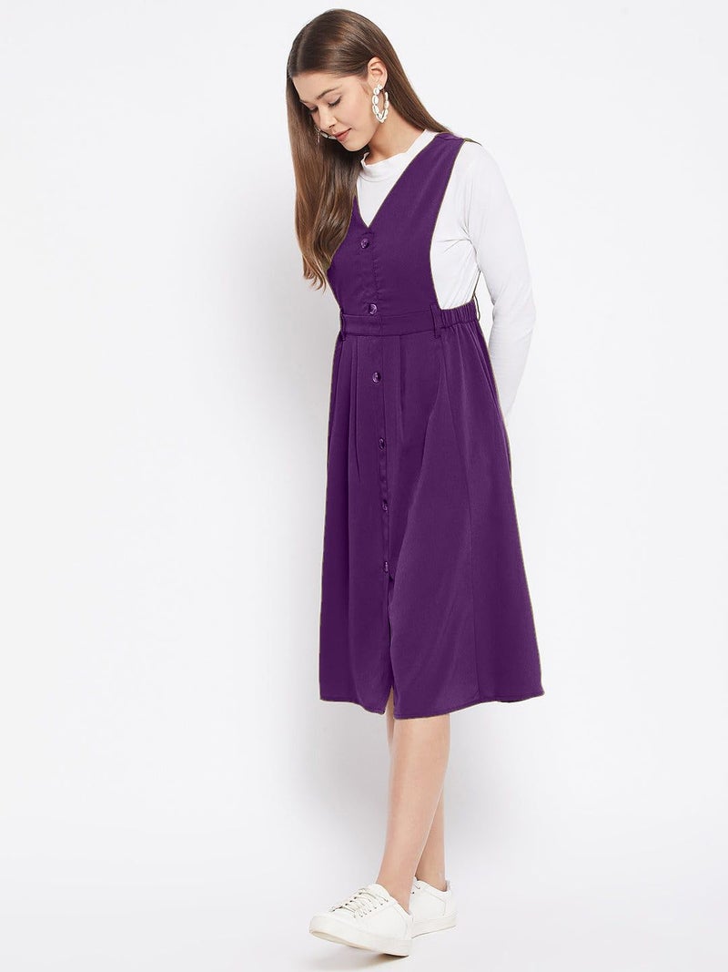 WineRed Women Purple Solid Pinafore Dress with Button - Image 3