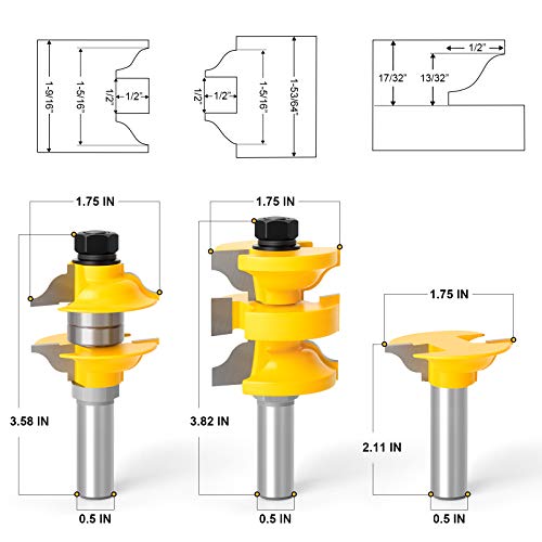 MEIGGTOOL Router Bit Set 1/2-Inch Shank, 3Pcs/Set Extended Tenon Entry Door Rail and Stile Woodworking Milling Cutter Door - Image 2