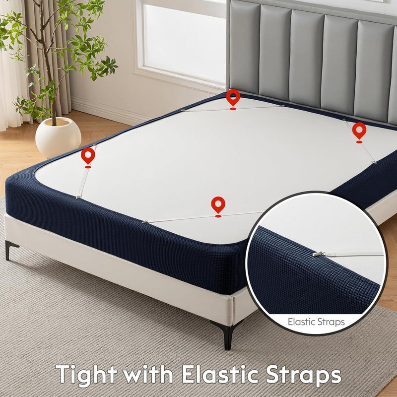 MIYE Jacquard Fabric Box Spring Cover,Super Stretchy Wrap Around 4 Sides Elastic Bed Skirt,Wrinkle & Fading Resistant,Washable & Easy Fit. (Navy, Twin) - Image 5