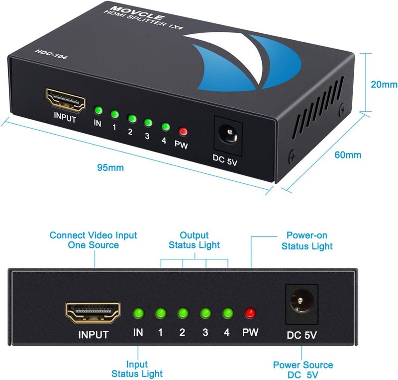 Movcle HDMI Splitter 1 in 4 out Full Ultra HD 1080P 4K/2K 1X4 Port Box Hub with US Adapter v1.4 Powered Certified for 3D Support - Image 5
