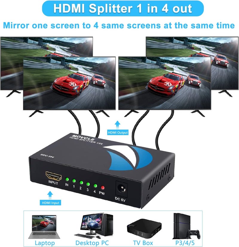Movcle HDMI Splitter 1 in 4 out Full Ultra HD 1080P 4K/2K 1X4 Port Box Hub with US Adapter v1.4 Powered Certified for 3D Support - Image 2