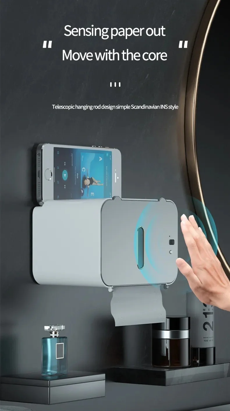 Bizimevde Wall Mounted Automatic Sensor Tissue Box Induction Roll Paper Towel Holder Bathroom Smart Tissue Box Rack Toilet