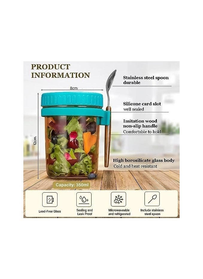Overnight Oats Jars with Lid and Spoon, 2PCS 350ml Large Capacity Airtight Oatmeal Container with Measurement Marks, Wide Mouth Portable Jars Breakfast Container for Salads Yogurt Cereal Milk
