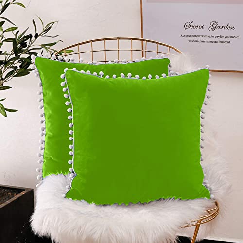 CottonFry Set of 2 Cushion Covers/Throw Pillow Covers Size 20"X20" Inches with Pom Poms, Soft Square Velvet Pillowcases Home Decor (Green, Pack of 2) - Image 3
