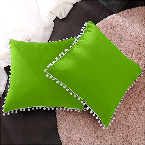 CottonFry Set of 2 Cushion Covers/Throw Pillow Covers Size 20"X20" Inches with Pom Poms, Soft Square Velvet Pillowcases Home Decor (Green, Pack of 2) - Image 2