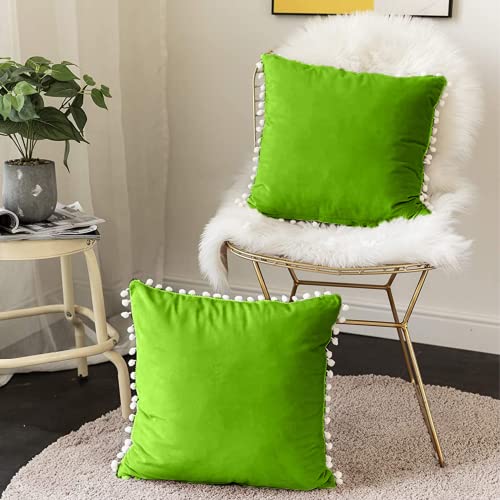CottonFry Set of 2 Cushion Covers/Throw Pillow Covers Size 20"X20" Inches with Pom Poms, Soft Square Velvet Pillowcases Home Decor (Green, Pack of 2) - Image 1