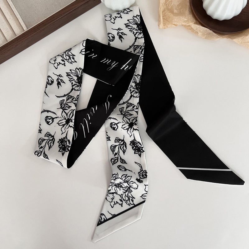 Generic High-grade oil painting small silk scarf hair band womens national style thin narrow long hair band tie hair ribbon tie bag silk scarf headdress 7# black and white flowers