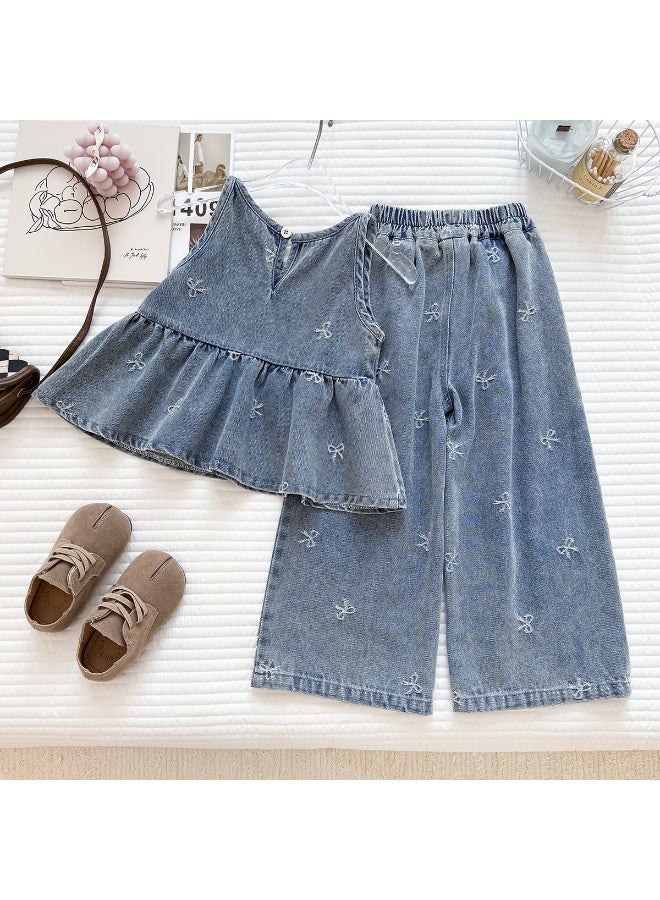 Ayada Home Girls 2-Piece Denim Set, Bow Embroidery Sleeveless Peplum Top + Wide Leg Pants - Image 4