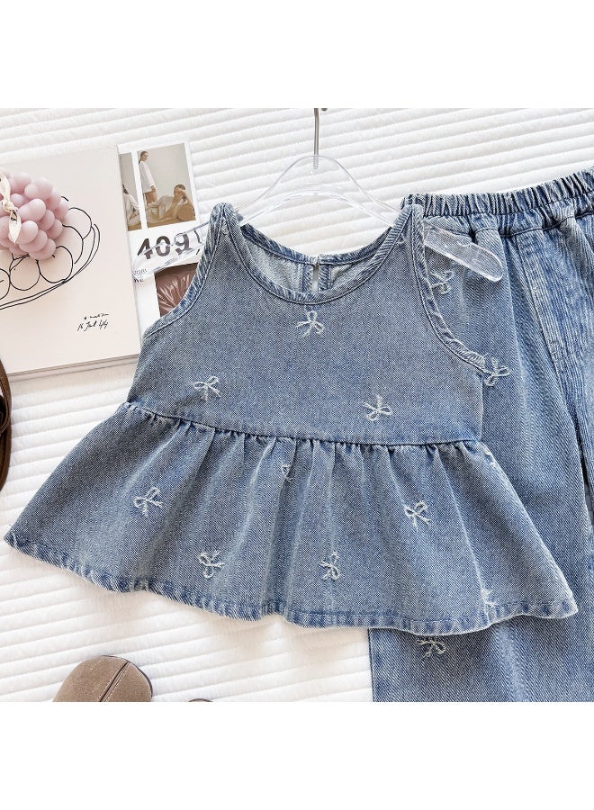 Ayada Home Girls 2-Piece Denim Set, Bow Embroidery Sleeveless Peplum Top + Wide Leg Pants - Image 5