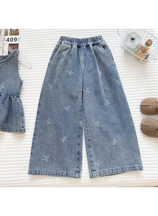 Ayada Home Girls 2-Piece Denim Set, Bow Embroidery Sleeveless Peplum Top + Wide Leg Pants - Image 3