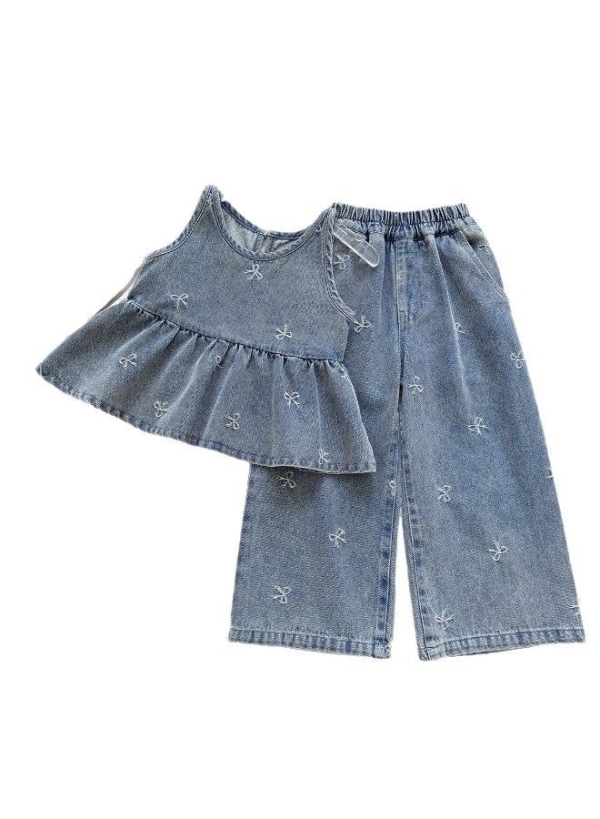 Ayada Home Girls 2-Piece Denim Set, Bow Embroidery Sleeveless Peplum Top + Wide Leg Pants - Image 2